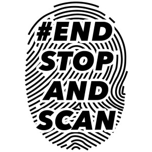The text #ENDSTOPANDSCAN over a large black and white graphic of a fingerprint