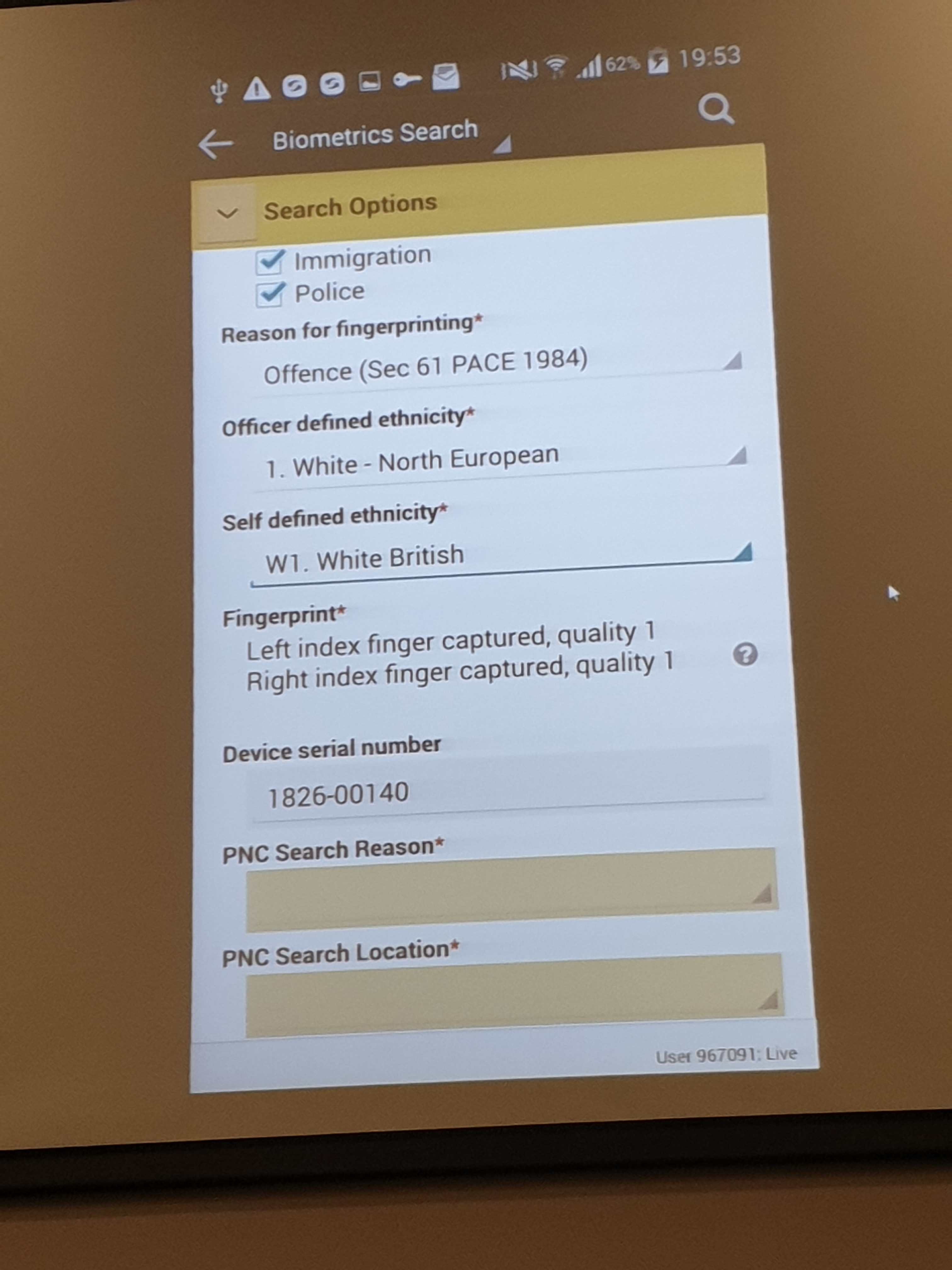 A sample completed form, showing both databases being searched due to an Offence (Sec 61 PACE 1984)